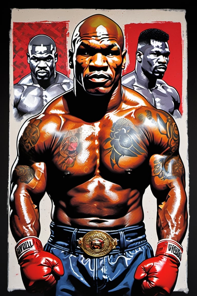 Mike Tyson , fighting evaded Holyfield, art poster by gian galang, (((art style by gian galang))), design by gian galang , neck tattoos by andy warhol, heavily muscled, biceps,glam gore, horror, demonic, hell visions, demonic women, fight poster style, asian art, chequer board, mma, octogon, 