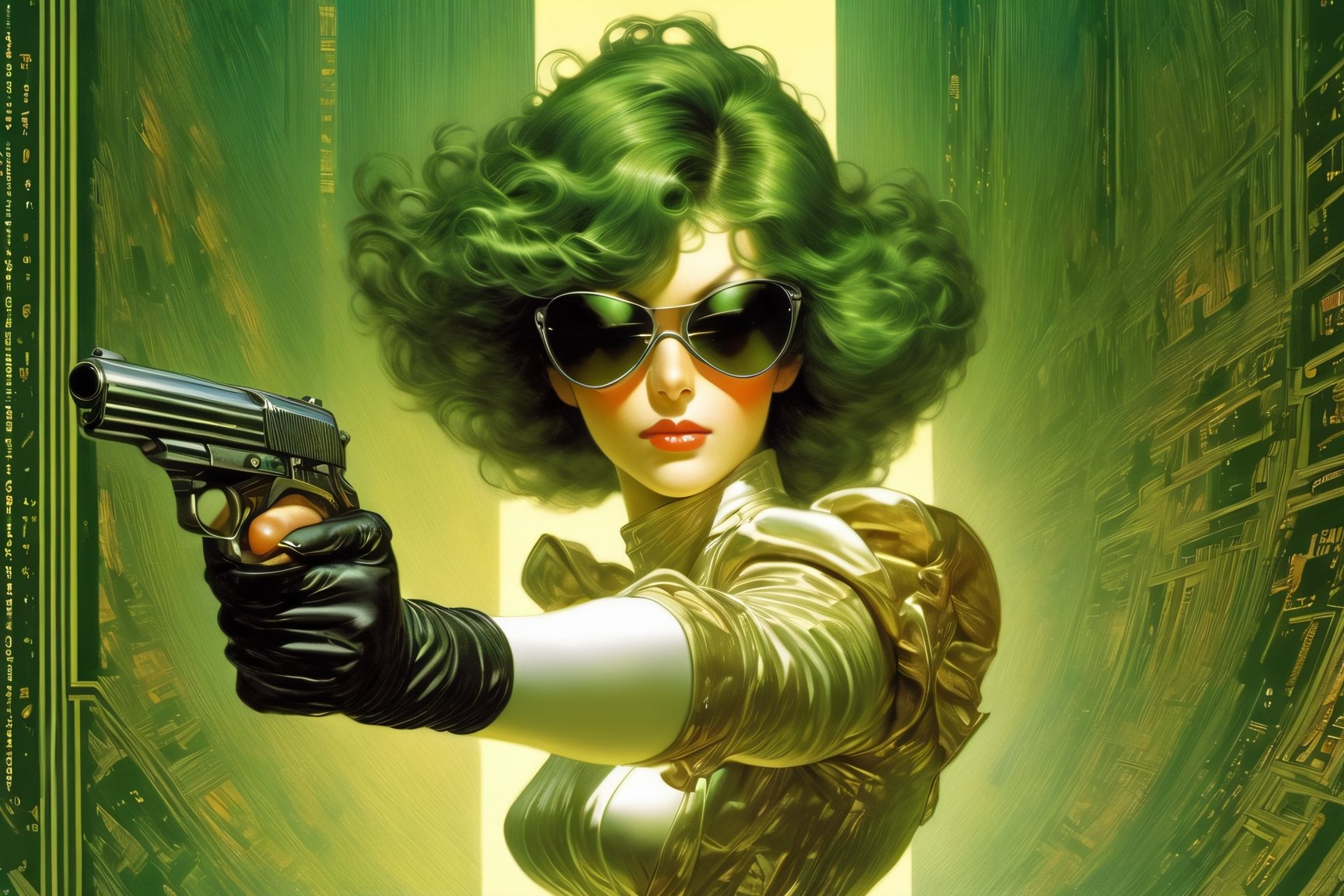 art by Masamune Shirow, art by J.C. Leyendecker, art by boris vallejo, a masterpiece, stunning beauty, hyper-realistic oil painting, vibrant colors, a Neo type character, wearing round sunglasses, dark chiarascuro lighting, aiming a Luger pistol at the viewer, fighting bad guys, being chased, a telephoto shot, 1000mm lens, f2,8,vertical lines of green matrix code