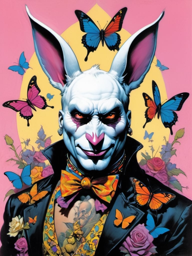 white rabbit with many baby rabbits, long whiskers sideburns, goatee beard, Easter theme, Horror Comics style, art by brom, tattoo by ed hardy, shaved hair, neck tattoos andy warhol, mad hatter top hat, heavily muscled, biceps,glam gore, horror, white rabbit, rabbit hole,  demonic, hell visions, demonic women, military poster style, chequer board, vogue easter bunny portrait, Horror Comics style, art by brom, smiling, tongue out, poking tongue at viewer, lennon sunglasses, rabbit ears, rabbit nose, rabbit fur, punk hairdo, tattoo by ed hardy, shaved hair, playboy bunny outfit, bunny tail, neck tattoos by andy warhol, heavily muscled, biceps, glam gore, horror, poster style, flower garden, Easter eggs, coloured foil, oversized monarch butterflies, tropical fish, flower garden,