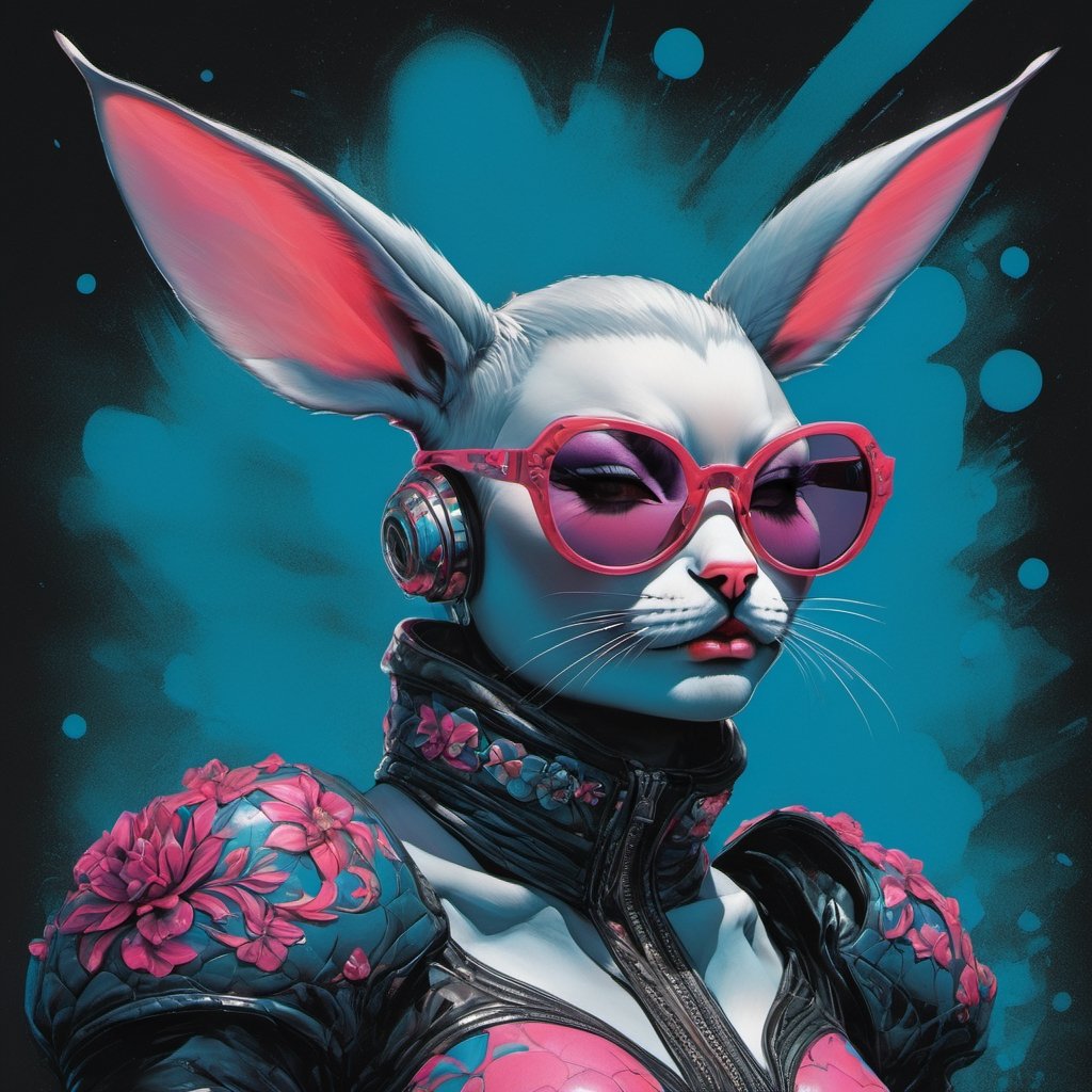 vogue easter bunny portrait, Horror Comics style, art by brom, smiling, lennon sunglasses, rabbit ears, rabbit nose, rabbit fur, punk hairdo, tattoo by ed hardy, shaved hair, playboy bunny outfit, bunny tail, neck tattoos by andy warhol, heavily muscled, biceps, glam gore, horror, poster style, flower garden, Easter eggs, coloured foil, oversized monarch butterflies, tropical fish, flower garden, 