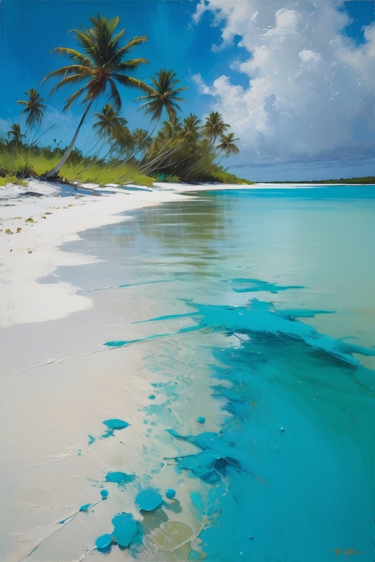 abstract, Cook Islands, as seen from the water, lagoon, white sand, palm trees, bright blue skies, green foliage, turquoise water, thick paint, block palette knife, pastel, in the style of Tony Allain, braod strokes on the knife, dots of paint, splatter, water drops, transparent in places,art by sargent,Oil painting of Mona Lisa 