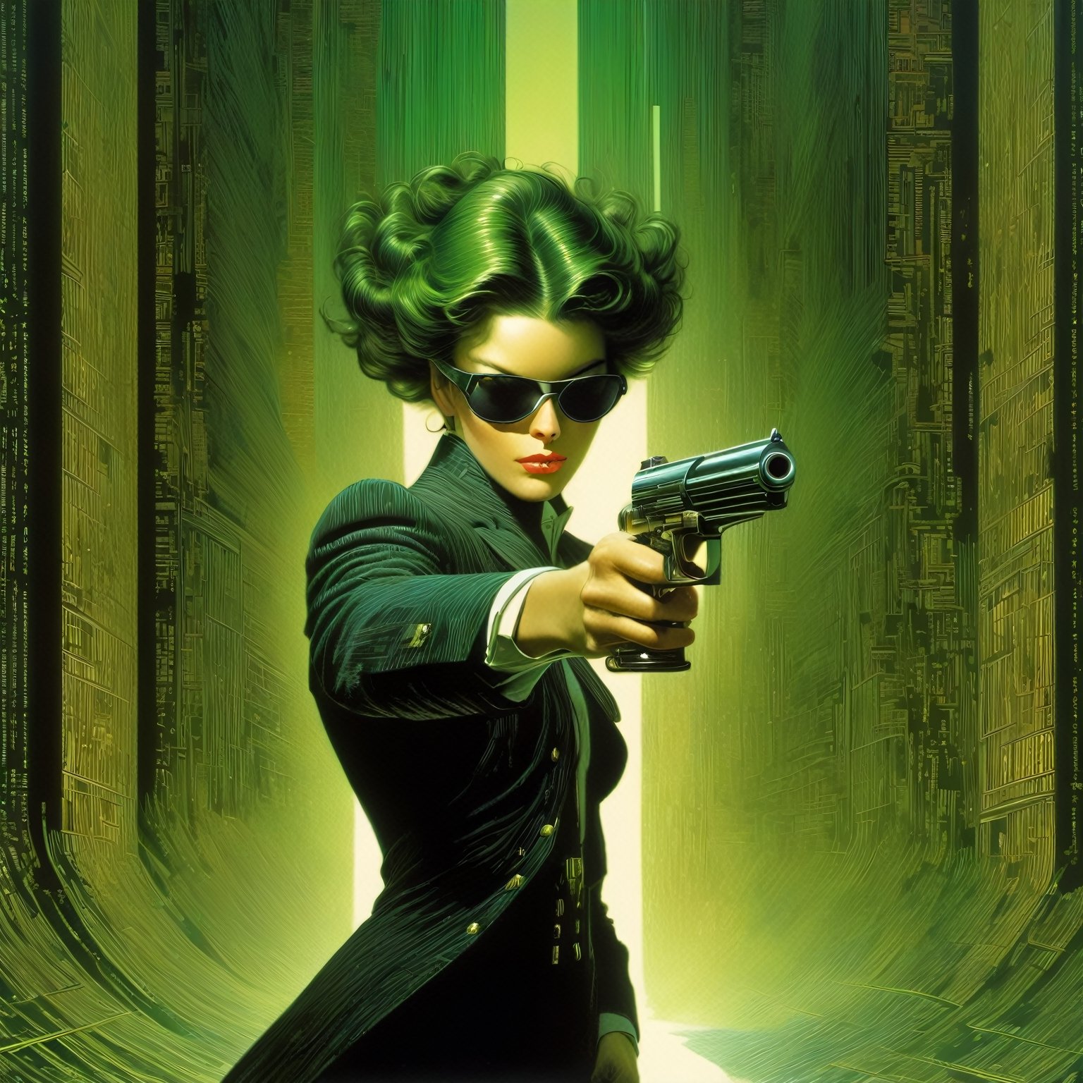 art by Masamune Shirow, art by J.C. Leyendecker, art by boris vallejo, a masterpiece, stunning beauty, hyper-realistic oil painting, vibrant colors, a Neo type character, wearing round sunglasses, dark chiarascuro lighting, aiming a Luger pistol at the viewer, fighting bad guys, being chased, a telephoto shot, 1000mm lens, f2,8,vertical lines of green matrix code