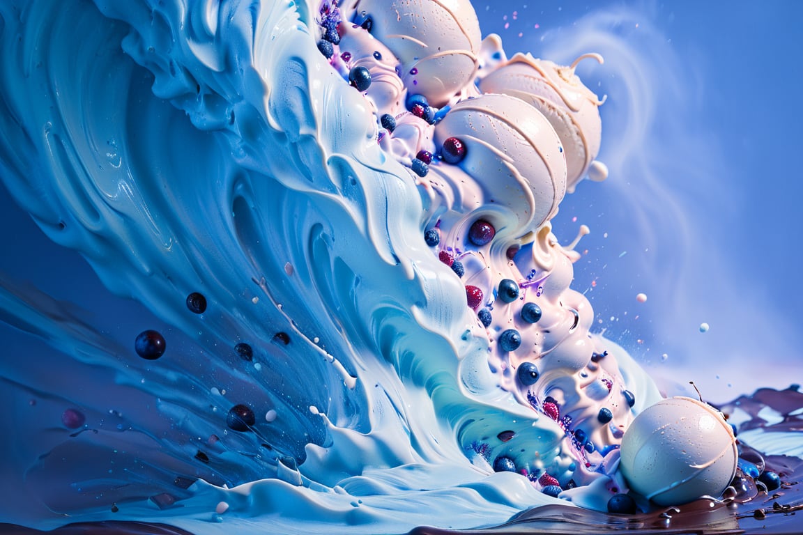 a macroscopic photograph of strawberry ice cream with cherry cream, ice cubes, maraschino cherries, blueberries, lychees , hundreds and thousands, dark chocolate sauce, nuts, mint leaves, splashing dark chocolate sauce, in a gradient honey  coloured background, fluid motion, dynamic movement, cinematic lighting, palette knife, digital artwork by Beksinski,action shot,sweetscape, 3D, oversized fruit, caramel theme, art by Klimt, airbrush art, food photography, food explosion background