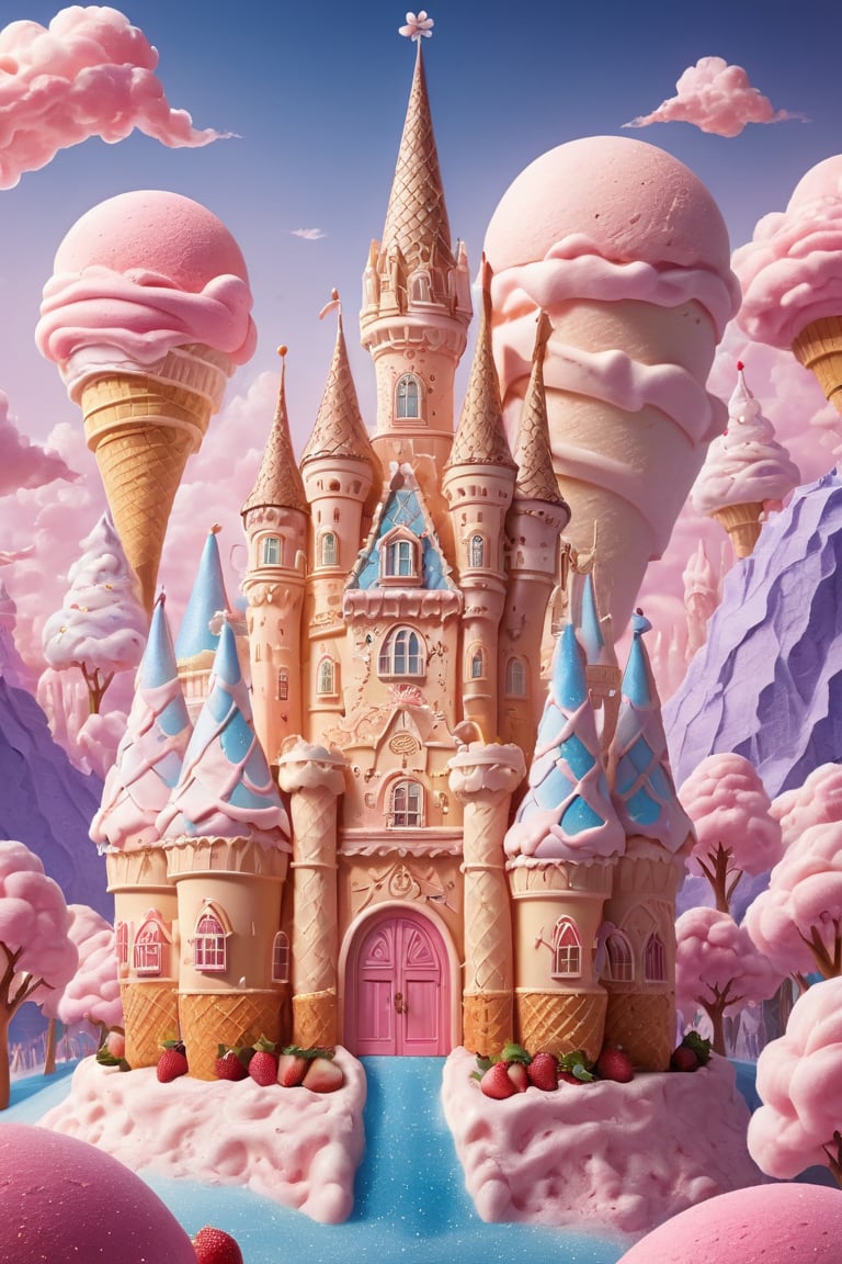 In a breathtakingly rendered fantasy landscape, a majestic ice cream castle rises high on a hill, its flags waving majestically in the gentle breeze. Turrets stretch towards the sky, adorned with intricate details and vibrant colors. The sweet-scented village below is a kaleidoscope of tropical delights: cotton candy clouds, cookie-shaped buildings, sugar-coated trees, and shimmering fruit stands. Dramatic lighting casts a warm glow, accentuating rounded corners and sparkling textures. A gradient of colors blooms across the scenery, from deep blues to radiant yellows. The overall effect is a sumptuous, 8K masterpiece that transports viewers to a whimsical world of wonder, Shiny, Drizzle, dripping, icing, syrup, frosting, piping, glaze, sugar, glitter