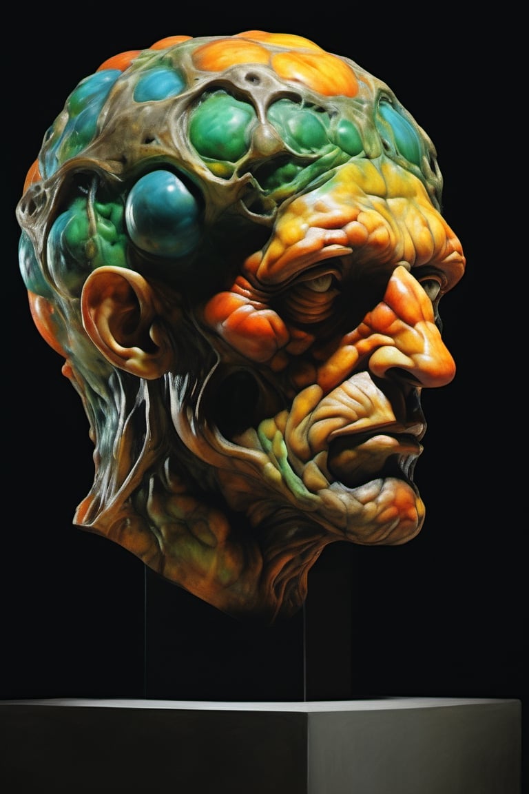 sculpture by Michelangelo , a cube shaped head, stunning beauty, hyper-realistic oil painting, vibrant colors, dark chiarascuro lighting, a telephoto shot, 1000mm lens, f2,8,Vogue,more detail XL