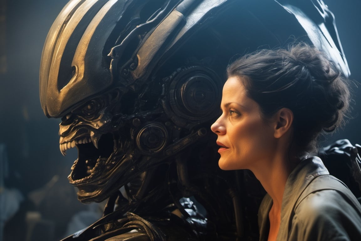 50 year old sigourney weaver as ripley, talking to Michael fass bender as David, low lighting, intense shadows, dripping blood and sweat, messed up, battling human troopers, art by hr giger, a masterpiece, hyper-realistic oil painting, a telephoto shot, 28 mm wide angle lens, f2, 8, a movie still photo, small depth of field,