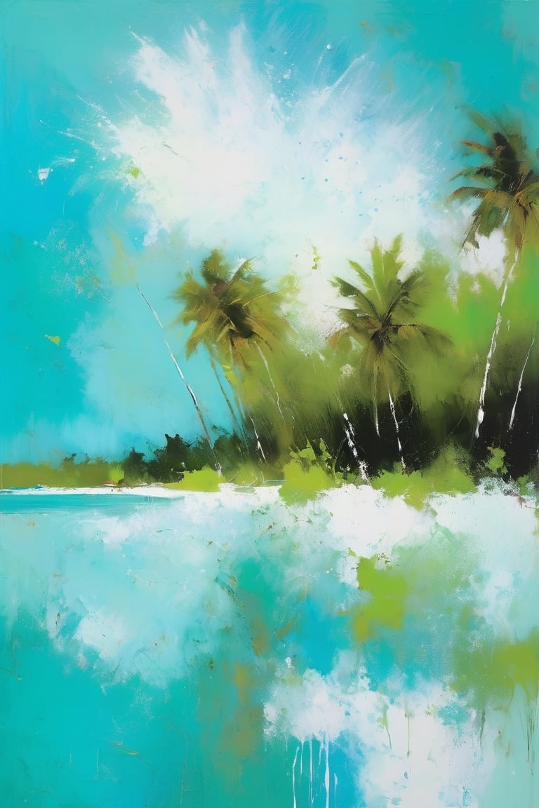 abstract, Cook Islands, as seen from the water, lagoon, white sand, palm trees, bright blue skies, green foliage, turquoise water, thick paint, block palette knife, pastel, in the style of Tony Allain, braod strokes on the knife, dots of paint, splatter, water drops, transparent in places,