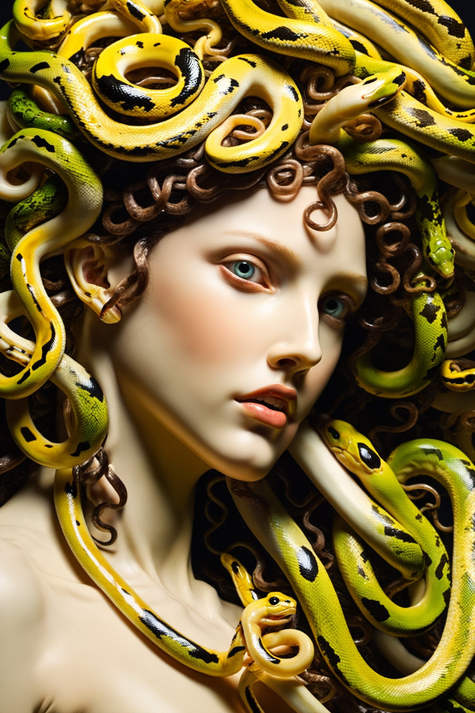 very close up, masterpiece, a scene of medusa staring at the viewer(((head hair made entirely of snakes))) ((medusas hair is entirely made of snakes))Amazon Tree Boa,