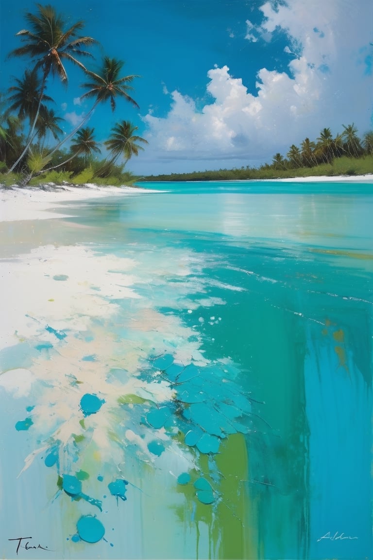 abstract, Cook Islands, as seen from the water, aqua colours, lagoon, white sand, palm trees, bright blue skies, green foliage, turquoise water, thick paint, block palette knife, pastel, in the style of Tony Allain, braod strokes on the knife, dots of paint, splatter, water drops, transparent in places,