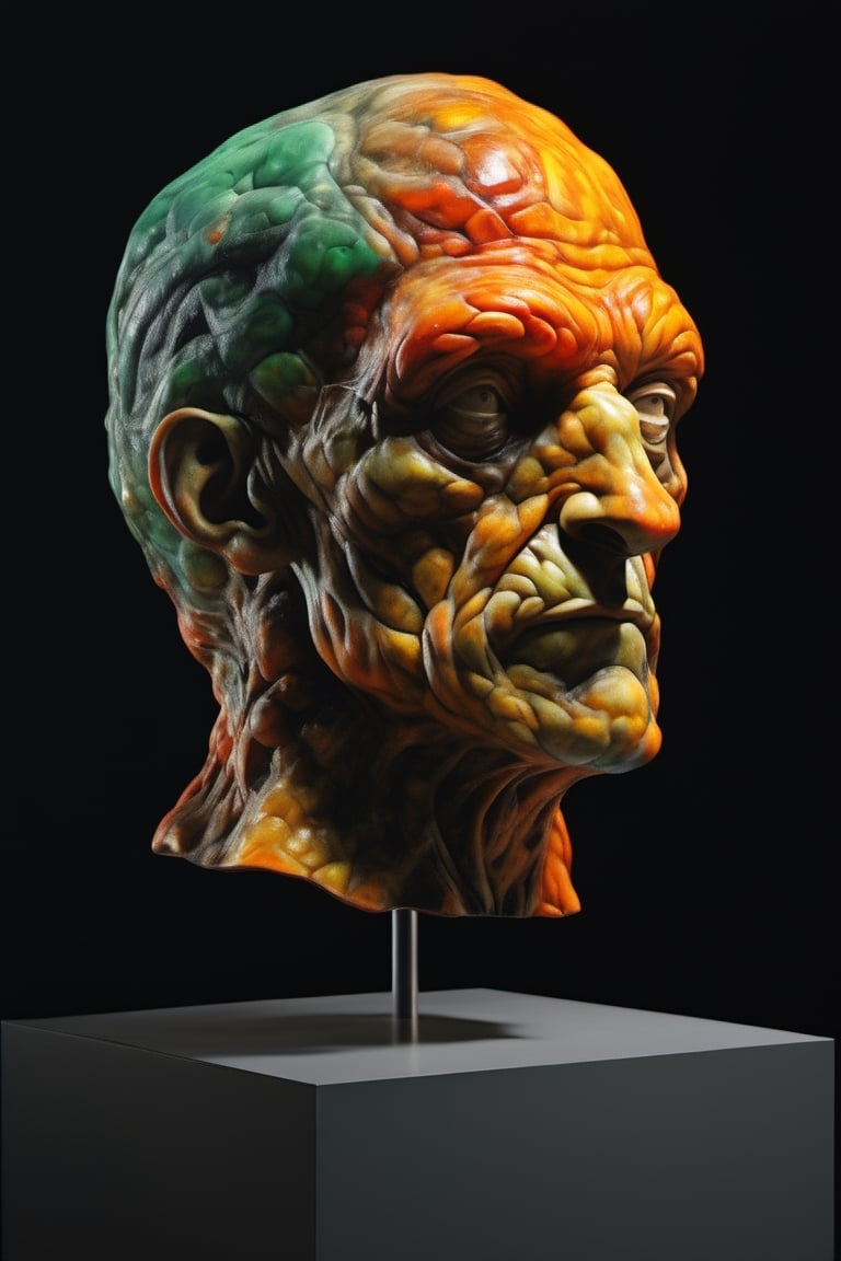 sculpture by Michelangelo , a cube shaped head, stunning beauty, hyper-realistic oil painting, vibrant colors, dark chiarascuro lighting, a telephoto shot, 1000mm lens, f2,8,Vogue,more detail XL