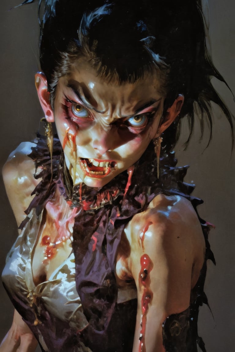 art by Masamune Shirow, art by J.C. Leyendecker, a masterpiece, stunning beauty, hyper-realistic oil painting, vibrant colors, a vampire , dark chiarascuro lighting, dripping blood and sweat, messed up, battling humans, a telephoto shot, 1000mm lens, f2,8, ,horror,Vogue,Asian folklore 