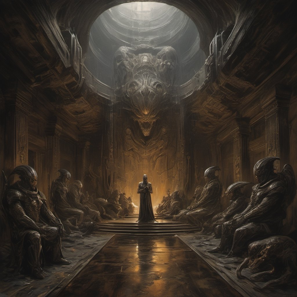 a oil painting wide shot, art by hr giger, a masterpiece, hyper-realistic oil painting of a worship site,, a xenomorph statue carved from the rock face, a prayer site, an engineer head statue, rock formations, low lighting, intense shadows, dripping blood and sweat, messed up, battling human troopers, on a spaceship set, dark, blinking lights, dimly lit, wet, water, eerie, 