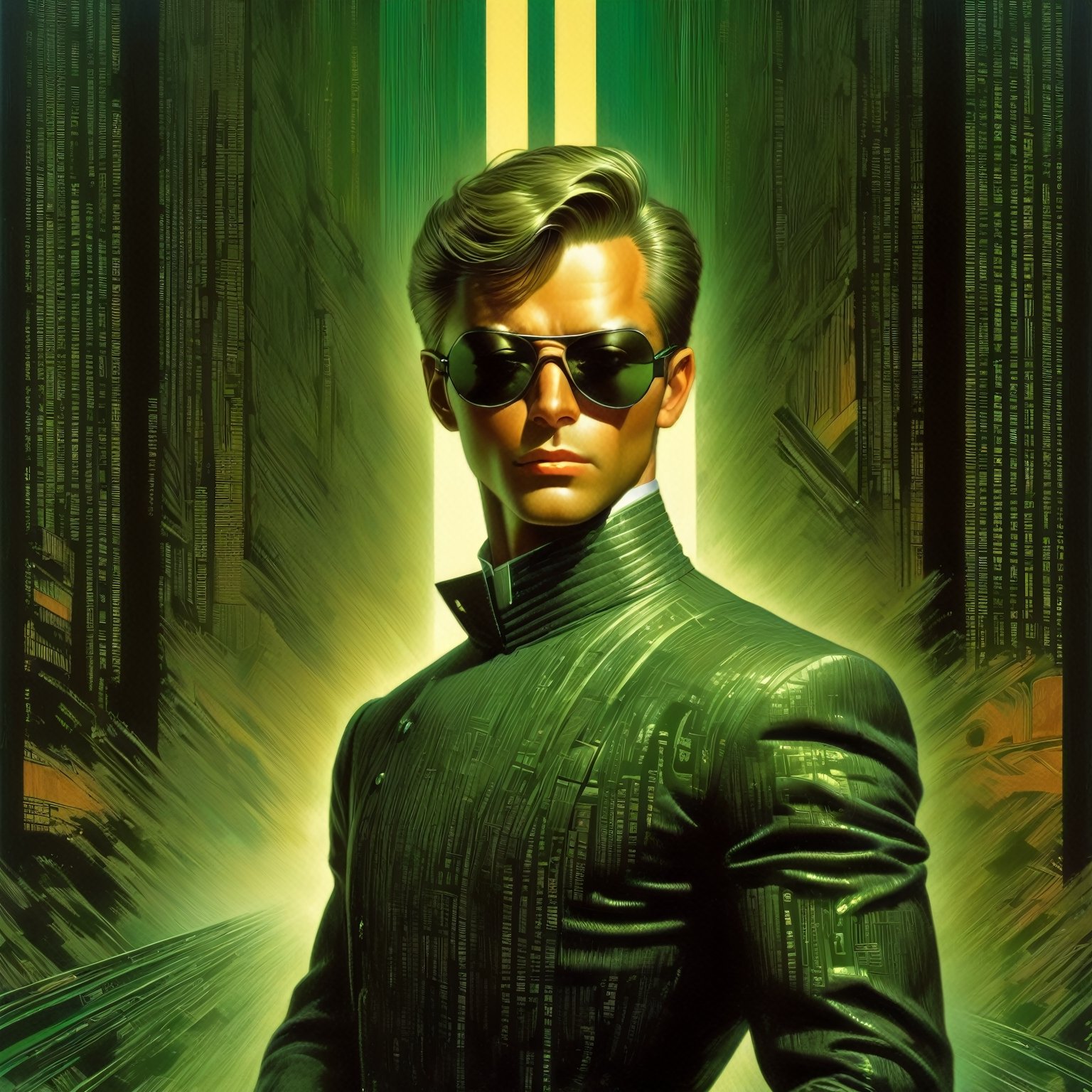 art by Masamune Shirow, art by J.C. Leyendecker, art by boris vallejo, a masterpiece, stunning beauty, hyper-realistic oil painting, vibrant colors, a James Bond type character, wearing round sunglasses, dark chiarascuro lighting, aiming a Luger pistol at the viewer, fighting bad guys, being chased, a telephoto shot, 1000mm lens, f2,8,vertical lines of green matrix code