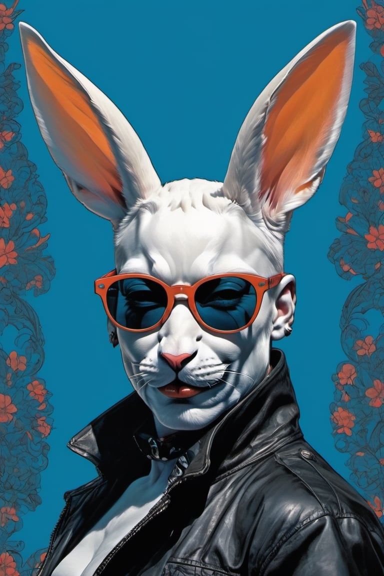 a monochrome high art print, vogue easter white and black kiss make up bunny portrait, Horror Comics style, art by brom, smiling, john lennon sunglasses, rabbit ears, rabbit nose, ginger rabbit fur, punk hairdo, tattoo by ed hardy, shaved hair, playboy bunny outfit, bunny tail, neck tattoos by andy warhol, heavily muscled, biceps, glam gore, horror, poster style, flower garden, Easter eggs, oversized monarch butterflies, tropical fish, flower garden, 