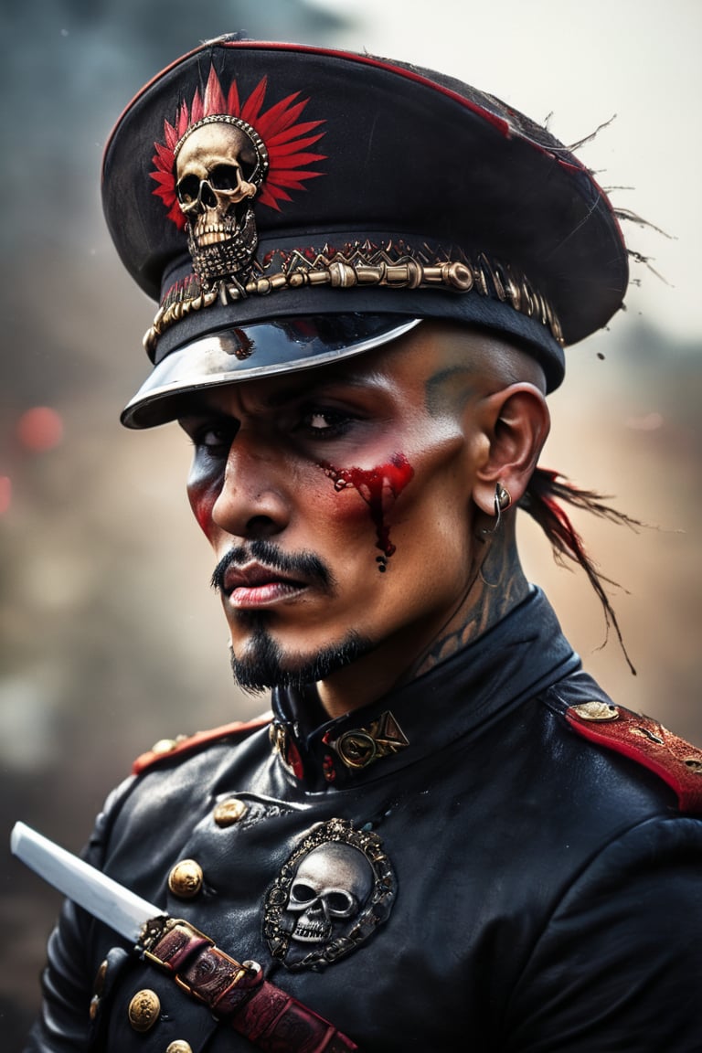 cinematic reality, film, chiarascurio, very short depth of field inches, 1000 mm tamron lens f1,8, shadows, reflection, sparks, mists, skull with red military cap, sharp focus, detailed features, blood, tribal tattoos on the skull cheeks and jaw,