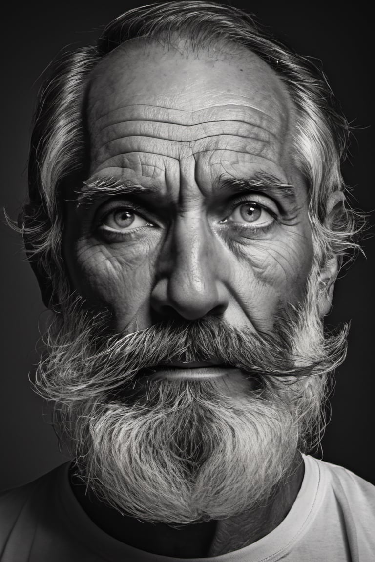 solo, looking at viewer, 1 man, monochrome, upper body, greyscale, male focus, 4 ft long facial hair,4 ft ;ong beard, 24 inch long mustache, old, old man, no clothing, long bushy unkempt hair, long bushy beard, wild and windswept, forlorn, lost, a worn out worried look in his eyes and face, all focus on the eyes, short 2 inch depth of field, tamron 1000 mm telephoto lens, f2.8, cinematic angle, looking from above the eyeline down back at the man, angled, 