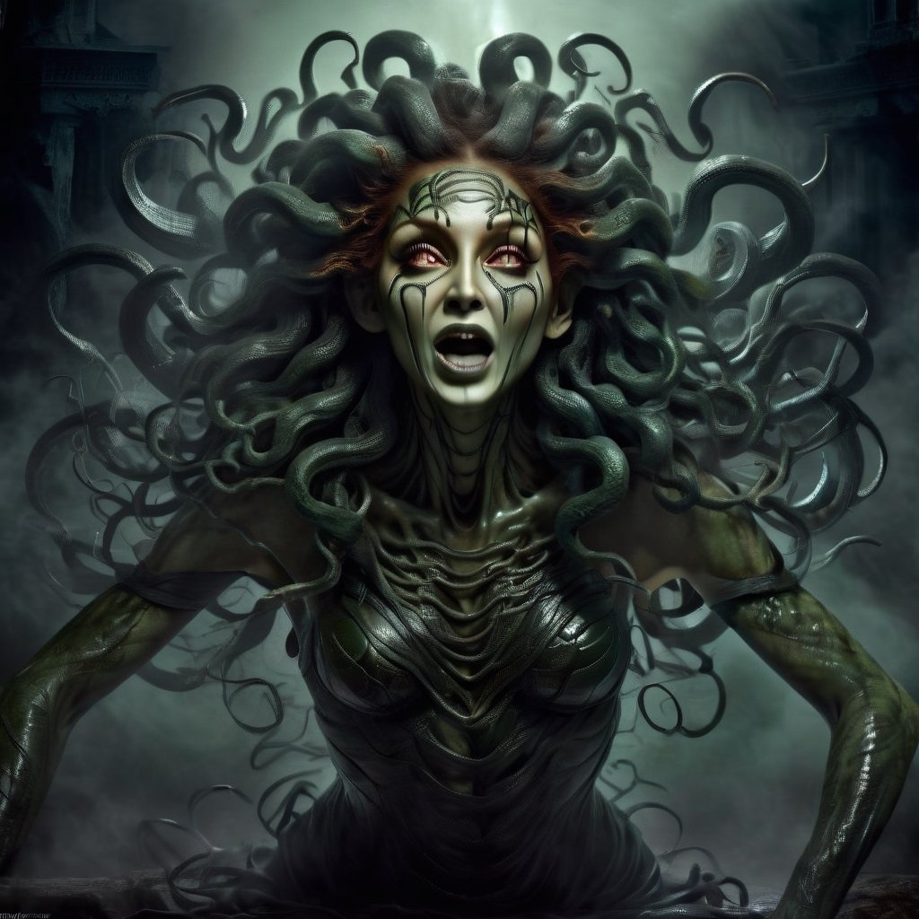 "Produce a captivating digital artwork where Medusa's hair consists entirely of individual snakes, each culminating with a menacing snake head at the end. Craft an image that truly embodies the essence of this mythical character, emphasizing the intricate details and expressions of each snake head. Create a scene that showcases Medusa's terrifying allure, with her hair entirely composed of these serpentine creatures. Utilize your artistic skills to bring Medusa to life in a way that accentuates her unique and menacing hair, capturing the blend of fascination and fear that surrounds this iconic figure."