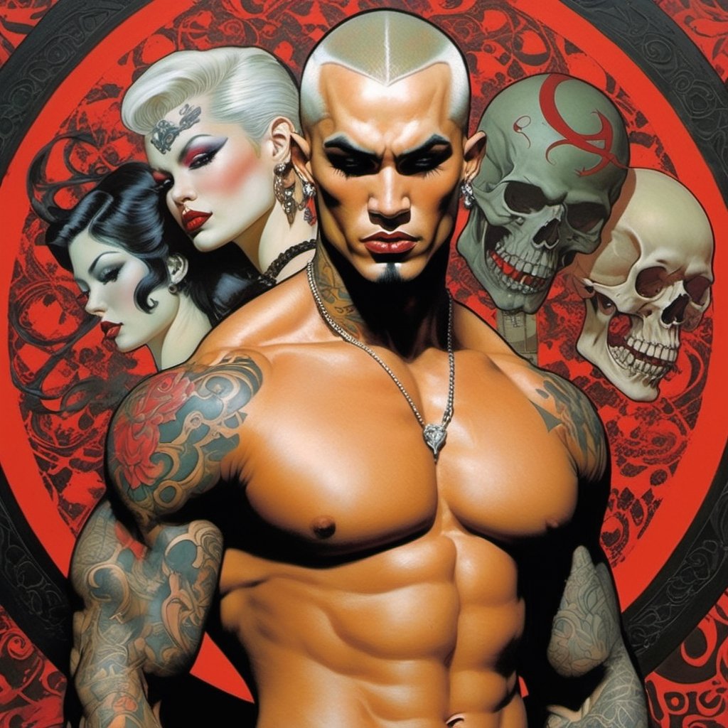 A Man, Horror Comics style, art by brom, tattoo by ed hardy, shaved hair, neck tattoos andy warhol, heavily muscled, biceps,glam gore, horror, demonic, hell visions, demonic women, military poster style, asian art, chequer board,retropunk style, mandlebrot fractal patterns, 