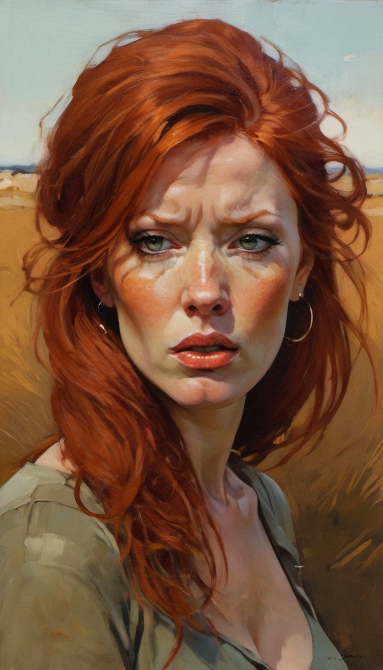 an oil painting, a masterpiece, art by michael carson, a red haired woman, staring at the viewer, a worried look on her face, anguish, wind blown hair, 