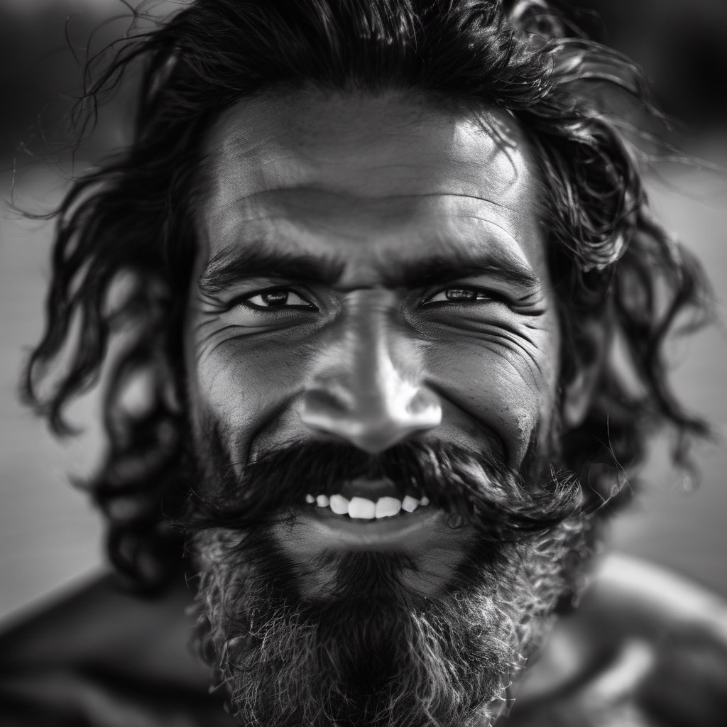 an aboriginal man,  a native from australia, head uncovered,  solo, looking at viewer, 1 man, monochrome, upper body, greyscale, male focus, 2 ft facial hair,2 ft beard, 12 inch mustache, old, old man, no clothing, long bushy unkempt hair, long bushy beard, wild and windswept, all focus on the eyes, short 2 inch depth of field, tamron 1000 mm telephoto lens, f2.8, cinematic angle, looking from above the eyeline down back at the man, angled, extreme close up shot,  eyes only, smiling , few teeth, 