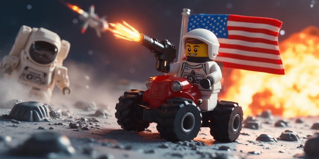 An 3d lego block cartoon scene featuring buzz aldrin riding the lunar rover at full throttle jumping over moon craters, and firing a gun in the airr. The American flag waves proudly behind him as an alien spacecraft soars through the sky. In the background, massive explosions light up the scene.