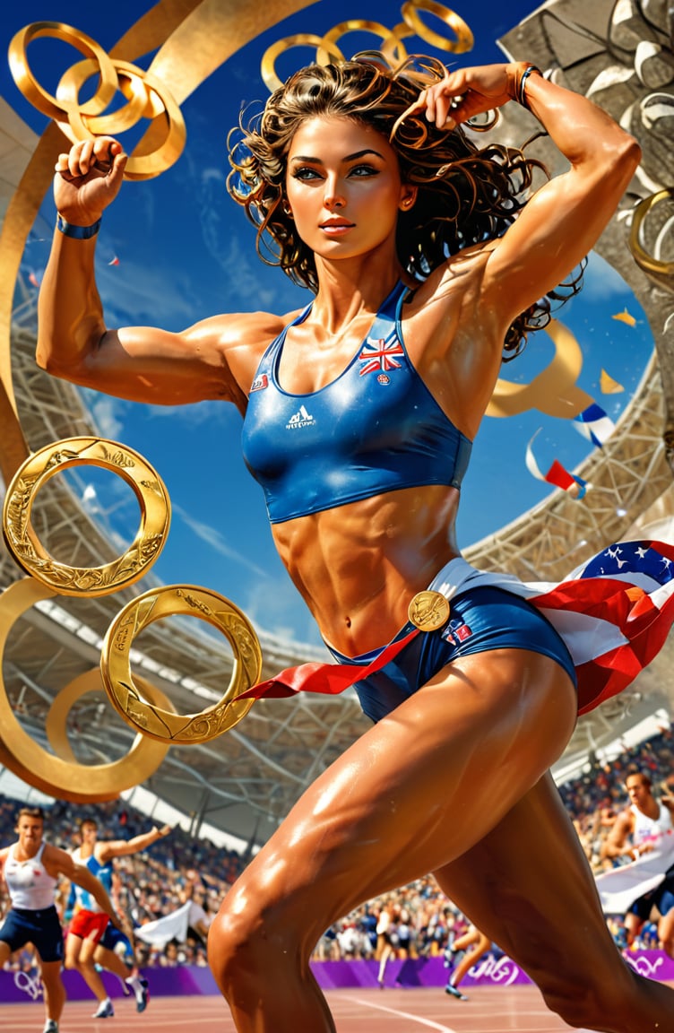 olympic carving by michelangelo, art by simon bisley, art by Boris Vallejo , a masterpiece, stunning beauty, hyper-realistic movie poster, 8k, olympic stadium athletes, bronze medal, silver medal, gold medal, olympic rings, a british olympic athlete,  a telephoto portrait picture, background blurred, incredible detail, fantasy portrait, smooth skin, kaleidoscope graffiti background, artint, frutiger, An Olympic athlete stands triumphantly, gold medal held aloft in one hand.  The artwork is a masterpiece, boasting incredible detail and a sense of depth that pulls the viewer in.