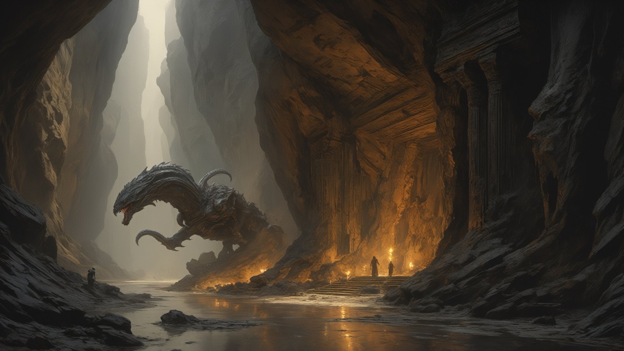 a oil painting wide shot, art by hr giger, a masterpiece, hyper-realistic oil painting of a worship site,, a xenomorph statue carved from the rock face, a prayer site, an engineer head statue, rock formations, low lighting, intense shadows, dripping blood and sweat, messed up, battling human troopers, on a spaceship set, dark, blinking lights, dimly lit, wet, water, eerie, 