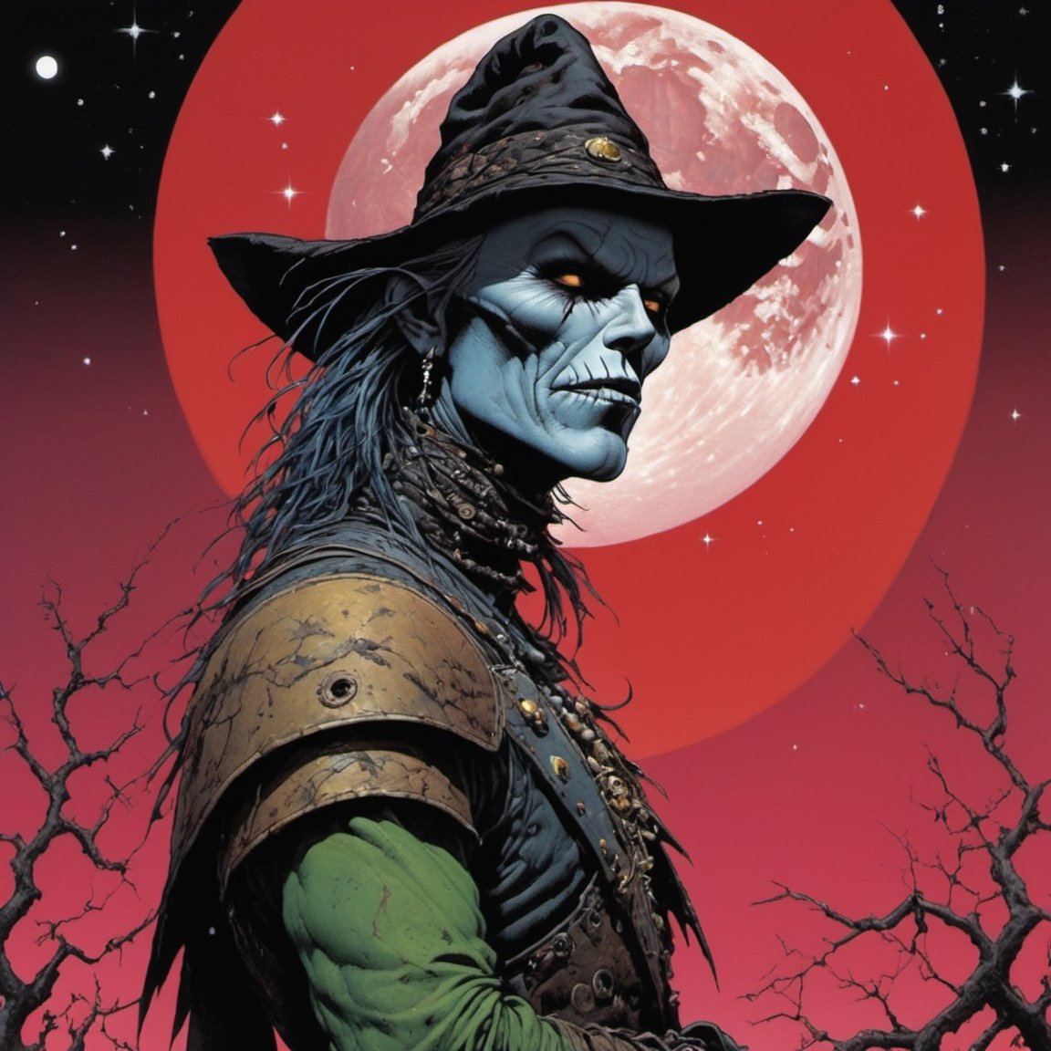 the scarecrow from the wizard of oz, blood moon, Horror Comics style, art by brom, tattoo by ed hardy, shaved hair, neck tattoos by andy warhol, heavily muscled, biceps, glam gore, horror, poster style, flower garden, space constellation, ,art_booster