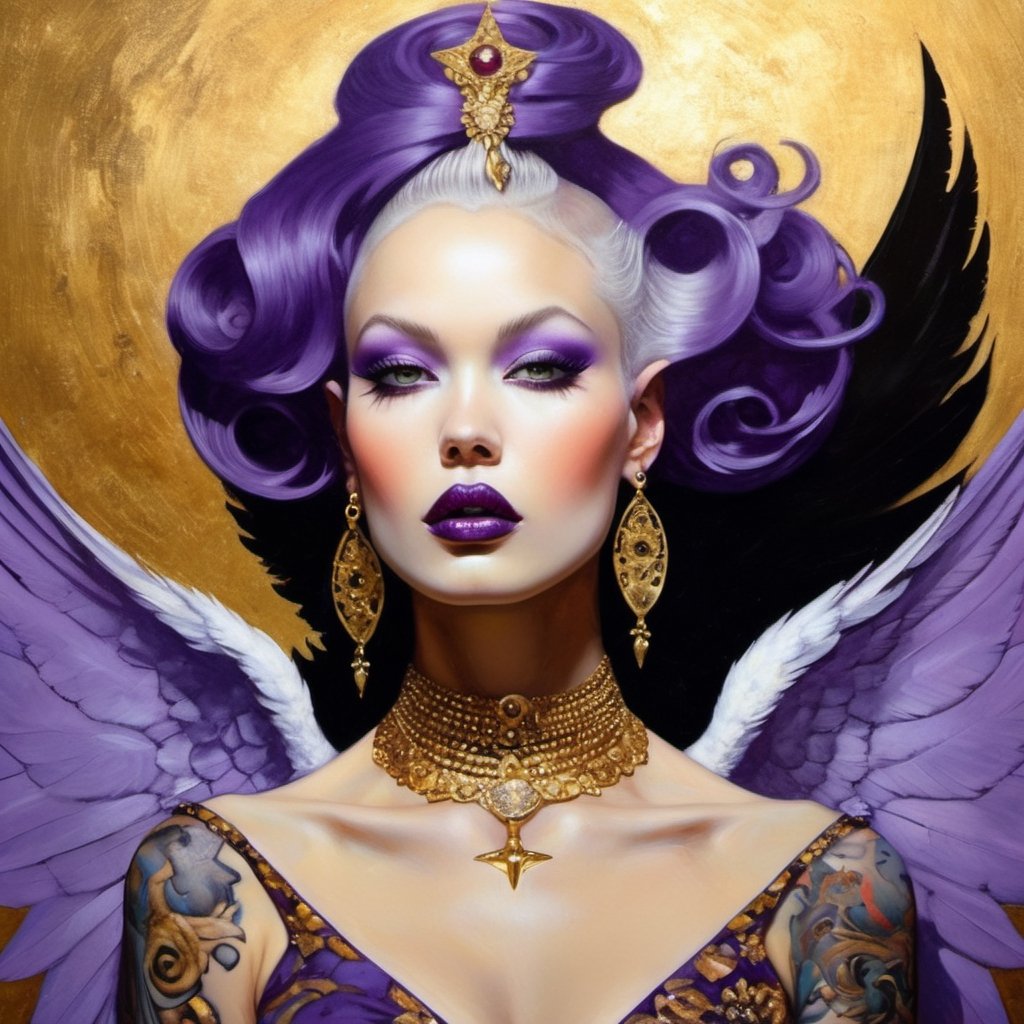  vogue style, a masterpiece, art by TavitaNiko, art by Vallejo, art by Klimt , art by brom, tattoo by ed hardy, shaved hair, neck tattoos by andy warhol, horror, demonic, heaven visions, angelic women, biblical art, angel wings, purple, gold filigree, Star shapes in background, 