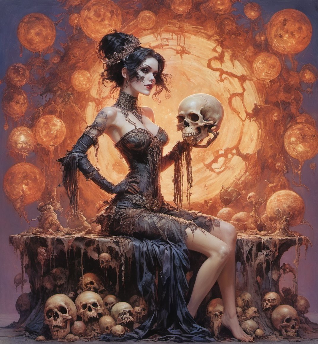 art by Masamune Shirow, art by J.C. Leyendecker, art by boris vallejo, a masterpiece, hyper-realistic oil painting, vibrant colors, Horror Comics style, art by brom, tattoo by ed hardy, a woman with half a skull face and half a human face, horror, dark chiarascuro lighting, a telephoto shot, 1000mm lens, f2,8 , , illustration,  ,perfecteyes,