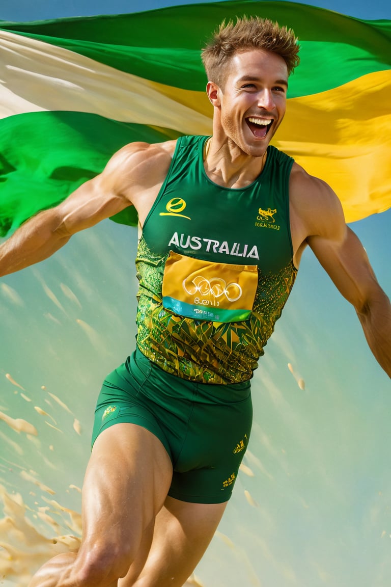 a mid section body shot photograph of a happy australian male athlete, he is wearing an australian olympic highjump  uniform, he is has an olympic  gold medal around his neck, his back and bottom are facing the viewer, very large green and gold flag background, fluid motion, dynamic movement, cinematic lighting, palette knife, digital artwork by Beksinski,action shot,sweetscape, art by Klimt, airbrush art, ,photo r3al,ice and water,close up,Movie Poster