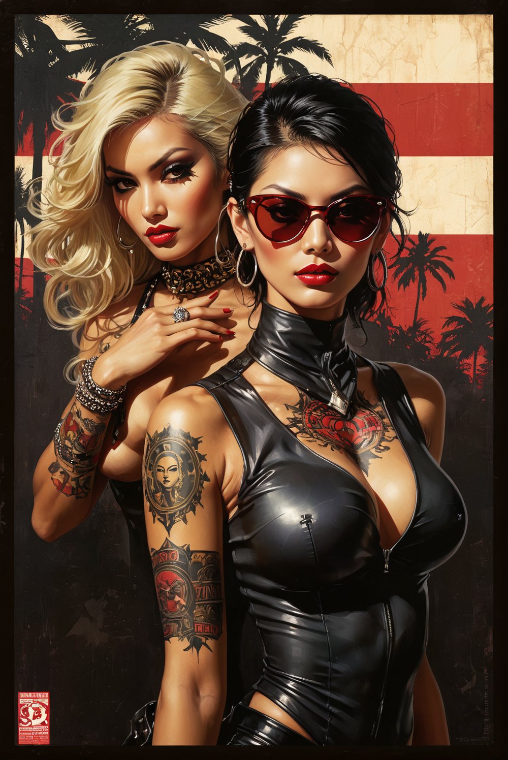 art by Masamune Shirow, art by J.C. Leyendecker, art by boris vallejo, a masterpiece, stunning beauty, hyper-realistic oil painting, vibrant colors, Horror Comics style, art by brom, tattoo by ed hardy, a woman, shaved hair, neck tattoos by andy warhol, heavily muscled, biceps,glam gore, covered heavily in crisp dark  demonic tattoos, horror, demonic, hell visions, demonic women, military poster style, asian art, chequer board, wearing mirrored sunglasses, dark chiarascuro lighting, a telephoto shot, 1000mm lens, f2,8 , grunge style , abstract, illustration, 1960 aesthetics, minimalistic, trendy, mixed media, vector art, 1girl, female focus,  text focus, gradient background, palm trees, diamond \(symbol\), glow, the text "TAVITANIKO" in arial ,artint