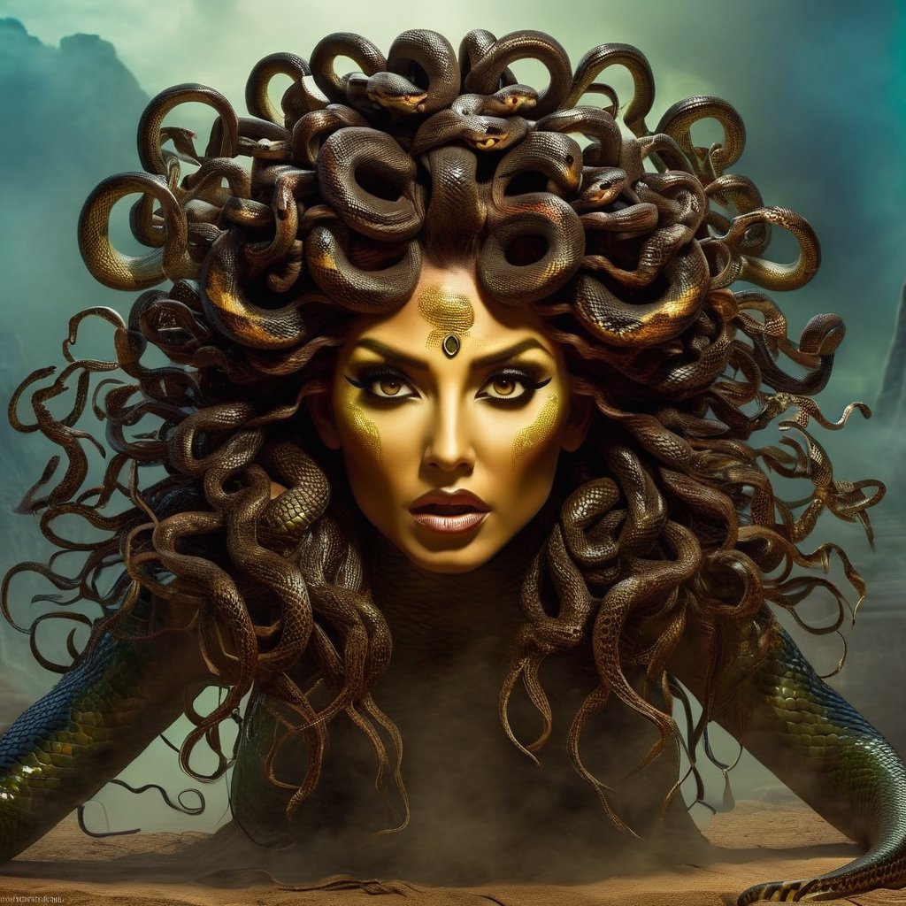 Produce a captivating digital artwork where Medusa's hair consists entirely of individual snakes, each culminating with a menacing snake head at the end. Craft an image that truly embodies the essence of this mythical character, emphasizing the intricate details and expressions of each snake head. Create a scene that showcases Medusa's terrifying allure, with her hair entirely composed of these serpentine creatures. Utilize your artistic skills to bring Medusa to life in a way that accentuates her unique and menacing hair, capturing the blend of fascination and fear that surrounds this iconic figure.