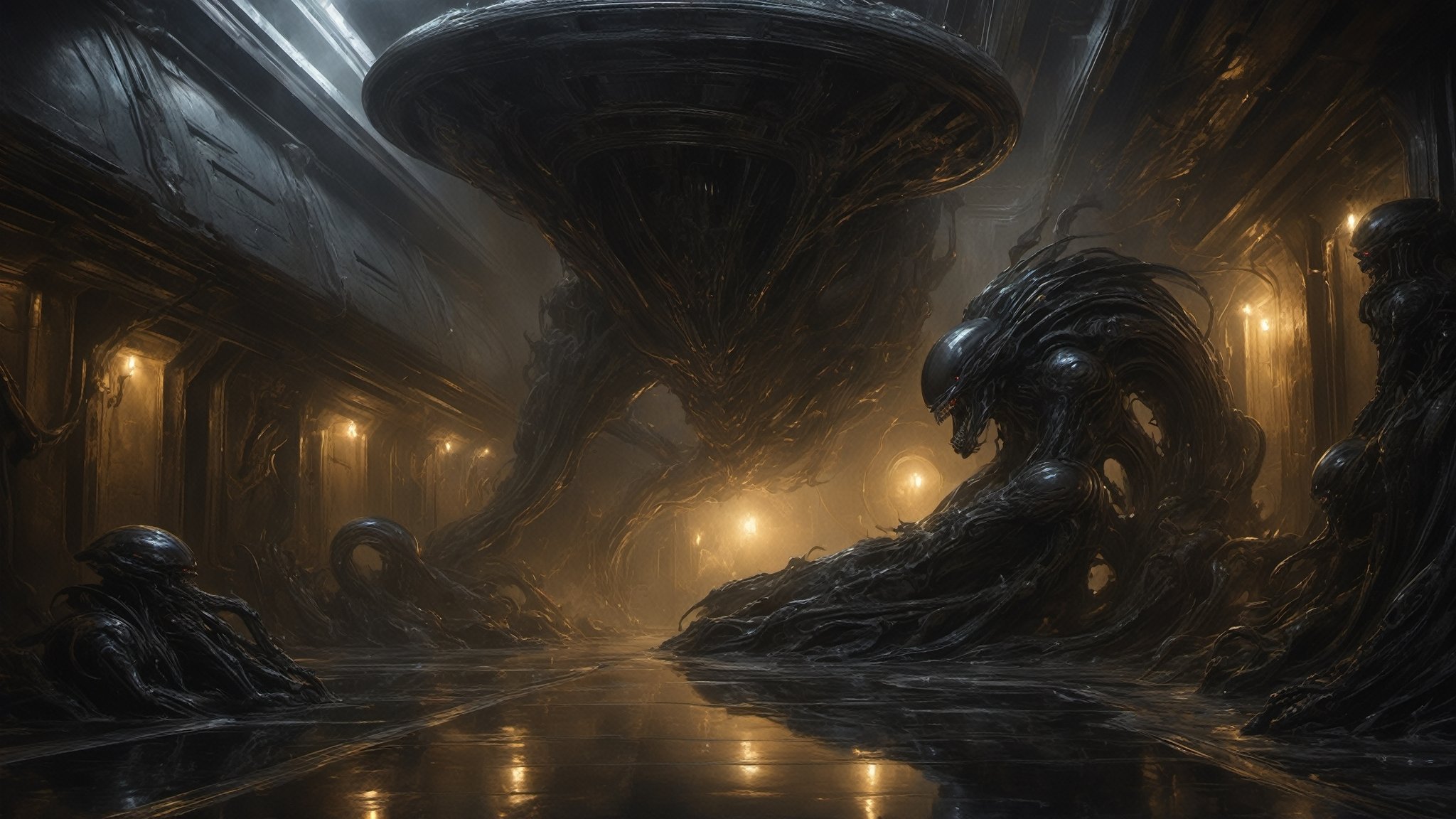 a oil painting wide shot, art by hr giger, a masterpiece, hyper-realistic oil painting, a xenomorph stauue, a prayer site, low lighting, intense shadows, dripping blood and sweat, messed up, battling human troopers, on a spaceship set, dark, blinking lights, dimly lit, wet, water, eerie, 