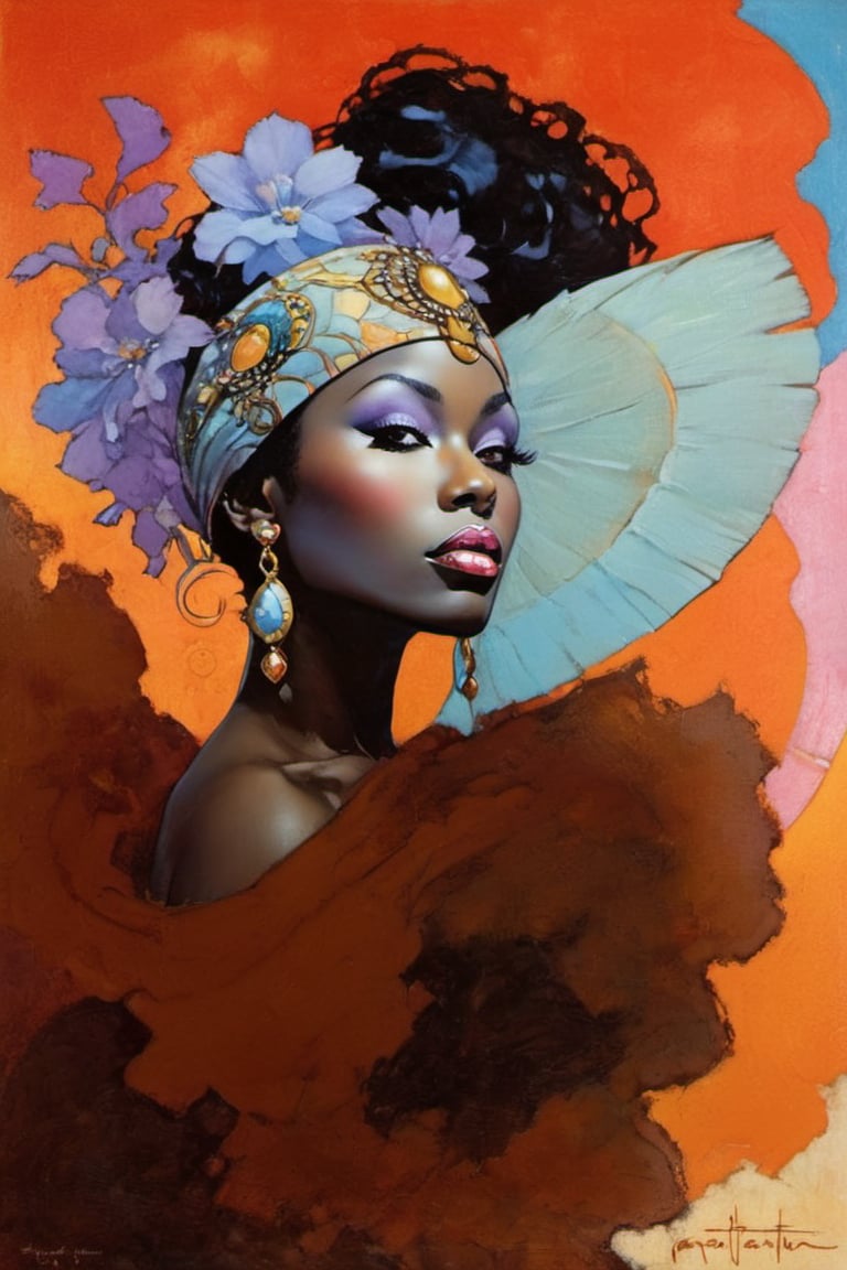 Gay, art nouveau style, an oil painting, a masterpiece, a hot black african american women, she is built for pleasure, ample breasts and bottom, she has it and knows it,  art by TavitaNiko, art by mel odom, art by Klimt , art by brom, art by Warhol, art by frazetta, poster style, Russian art, pink, baby blue, lilac, feminine, 