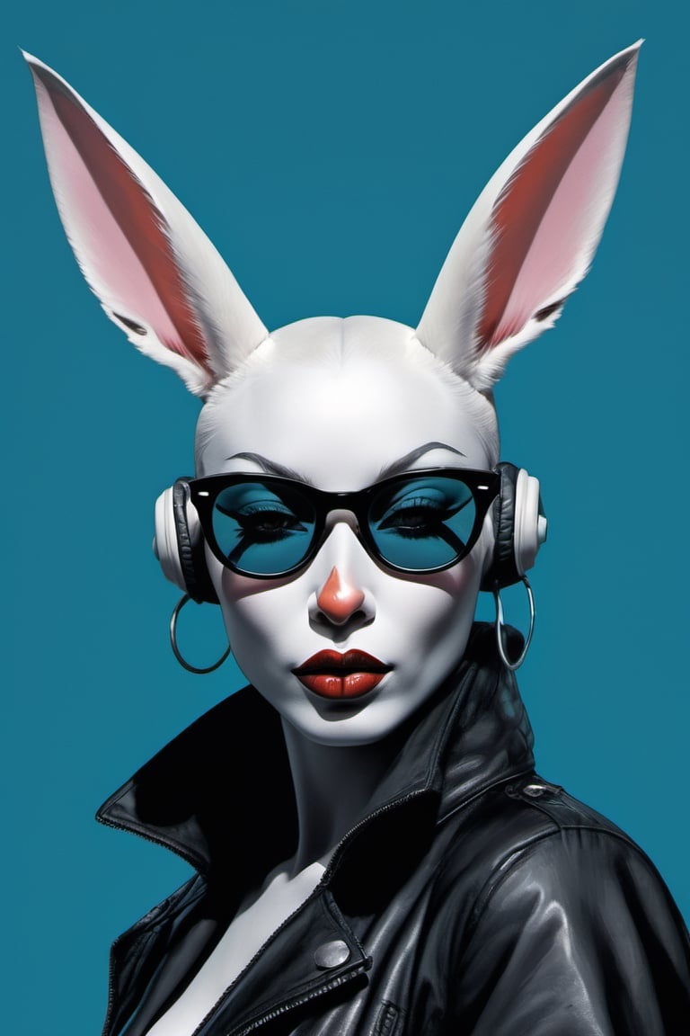 a monochrome high art print, vogue easter white and black kiss make up bunny portrait, Horror Comics style, art by brom, smiling, john lennon sunglasses, rabbit ears, rabbit nose, ginger rabbit fur, punk hairdo, tattoo by ed hardy, shaved hair, playboy bunny outfit, bunny tail, neck tattoos by andy warhol, heavily muscled, biceps, glam gore, horror, poster style, flower garden, Easter eggs, oversized monarch butterflies, tropical fish, flower garden, 