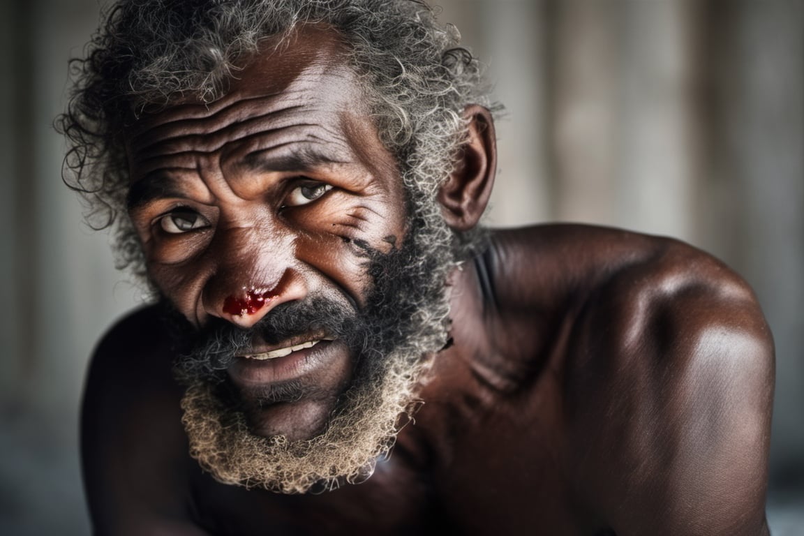 a defeated bare knuckle boxer male, old b;ack african man, head uncovered,  battle scarred, solo, looking at viewer, 1 man, monochrome, upper body, greyscale, male focus, 2 ft facial hair,2 ft beard, 12 inch mustache, old, old man, no clothing, long bushy unkempt hair, long bushy beard, wild and windswept, forlorn, a worn out worried look in his eyes and face, all focus on the eyes, short 2 inch depth of field, tamron 1000 mm telephoto lens, f2.8, cinematic angle, looking from above the eyeline down back at the man, angled, extreme close up shot,  eyes only, teeth bashed out, swollen eye, broken nose, cut eyebrows, no teeth, a towel, a singlet, bloodstained, mouth open and smiling , few teeth, 