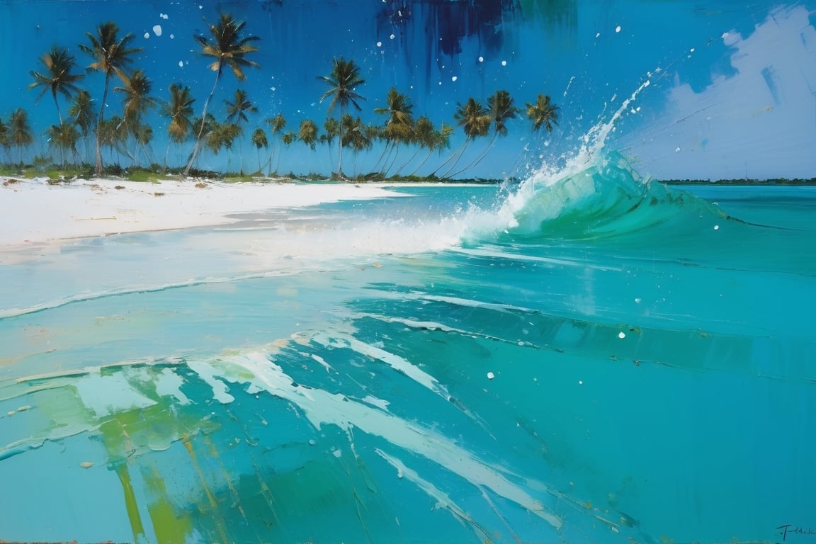 abstract, Cook Islands, as seen from the water, lagoon, white sand, palm trees, bright blue skies, green foliage, turquoise water, thick paint, block palette knife, pastel, in the style of Tony Allain, braod strokes on the knife, dots of paint, splatter, water drops, transparent in places,