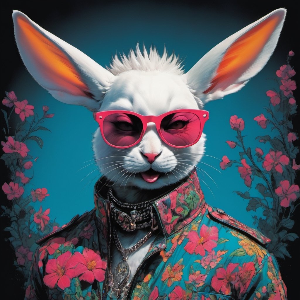 vogue easter bunny portrait, Horror Comics style, art by brom, smiling, lennon sunglasses, rabbit ears, rabbit nose, rabbit fur, punk hairdo, tattoo by ed hardy, shaved hair, playboy bunny outfit, bunny tail, neck tattoos by andy warhol, heavily muscled, biceps, glam gore, horror, poster style, flower garden, Easter eggs, coloured foil, oversized monarch butterflies, tropical fish, flower garden, 