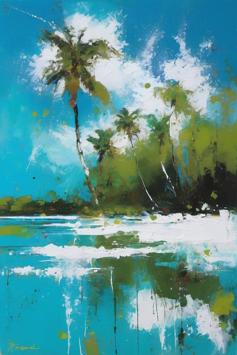 abstract, Cook Islands, as seen from the water, lagoon, white sand, palm trees, bright blue skies, green foliage, turquoise water, thick paint, block palette knife, pastel, in the style of Tony Allain, braod strokes on the knife, dots of paint, splatter, water drops, transparent in places,