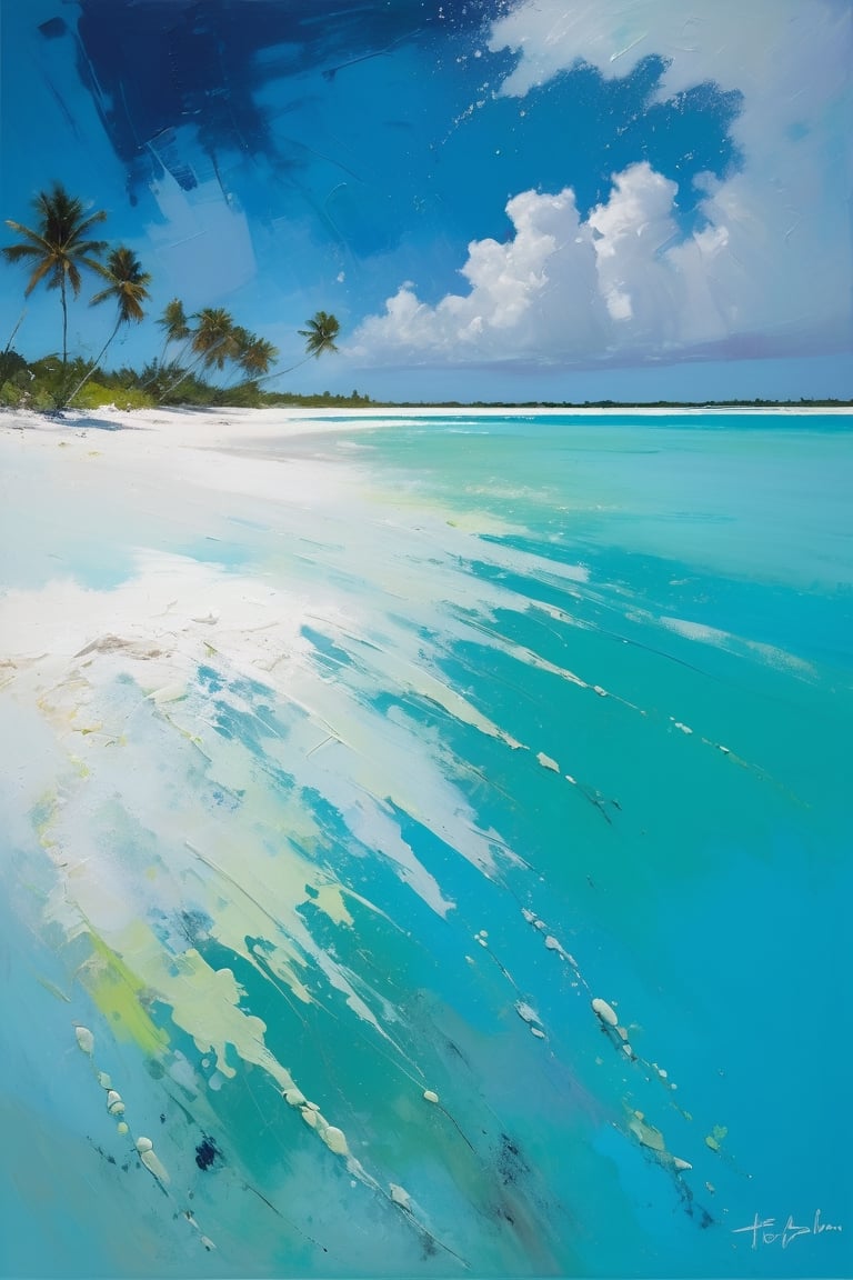 abstract, Cook Islands, as seen from the water, lagoon, white sand, palm trees, bright blue skies, green foliage, turquoise water, thick paint, block palette knife, pastel, in the style of Tony Allain, braod strokes on the knife, dots of paint, splatter, water drops, transparent in places,