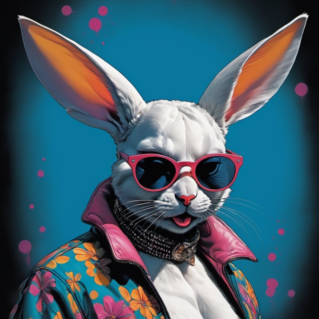 vogue easter bunny portrait, Horror Comics style, art by brom, smiling, lennon sunglasses, rabbit ears, rabbit nose, rabbit fur, punk hairdo, tattoo by ed hardy, shaved hair, playboy bunny outfit, bunny tail, neck tattoos by andy warhol, heavily muscled, biceps, glam gore, horror, poster style, flower garden, Easter eggs, coloured foil, oversized monarch butterflies, tropical fish, flower garden, 