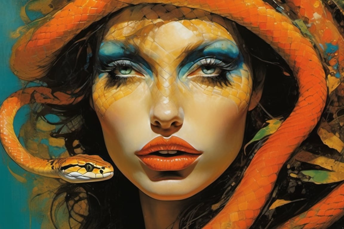  art by simon bisley, art by Brom, art by ralph steadman, art by gustav klimt, a slithering poisonous snake in a tropical jungle, resplendant in colour and intricate detail,  a masterpiece, realistic,  The artwork is a masterpiece, boasting incredible detail and a sense of depth that pulls the viewer in.