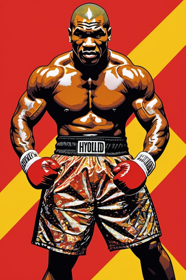 Mike Tyson , fighting evaded Holyfield, art poster by gian galang, (((art style by gian galang))), (((design by gian galang))) , neck tattoos by andy warhol, heavily muscled, biceps, fight poster style, asian art, chequer board, mma, octogon, bright contrasting colours, red background, yellow background, stipple, black n white, 