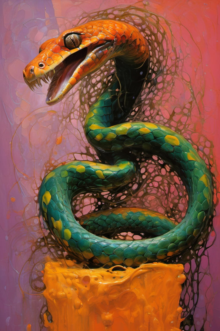  art by simon bisley, art by Brom, art by ralph steadman, art by gustav klimt, a slithering poisonous snake in a tropical jungle, resplendant in colour and intricate detail,  a masterpiece, realistic,  The artwork is a masterpiece, boasting incredible detail and a sense of depth that pulls the viewer in.