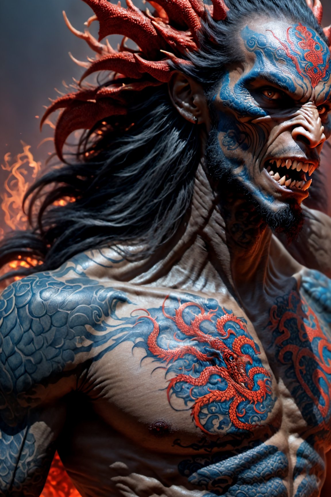 An sexy black african mans arm and shoulder, telephoto lens shot, man is staring at the viewer, raging, long hair, the arm and shoulder are  covered in a very detailed intricate red and blue dragon tattoo that is protruding outfrom the skin, coming alive, its screaming, scratching, similar to dragon tattoo by Boris Vallejo, slowly you see the small dragon tattoo in parts is coming out of the skin and becoming a real version of the tattoo, sticking out, scales, extended claws, 16K, movie still, cinematic, ,omatsuri