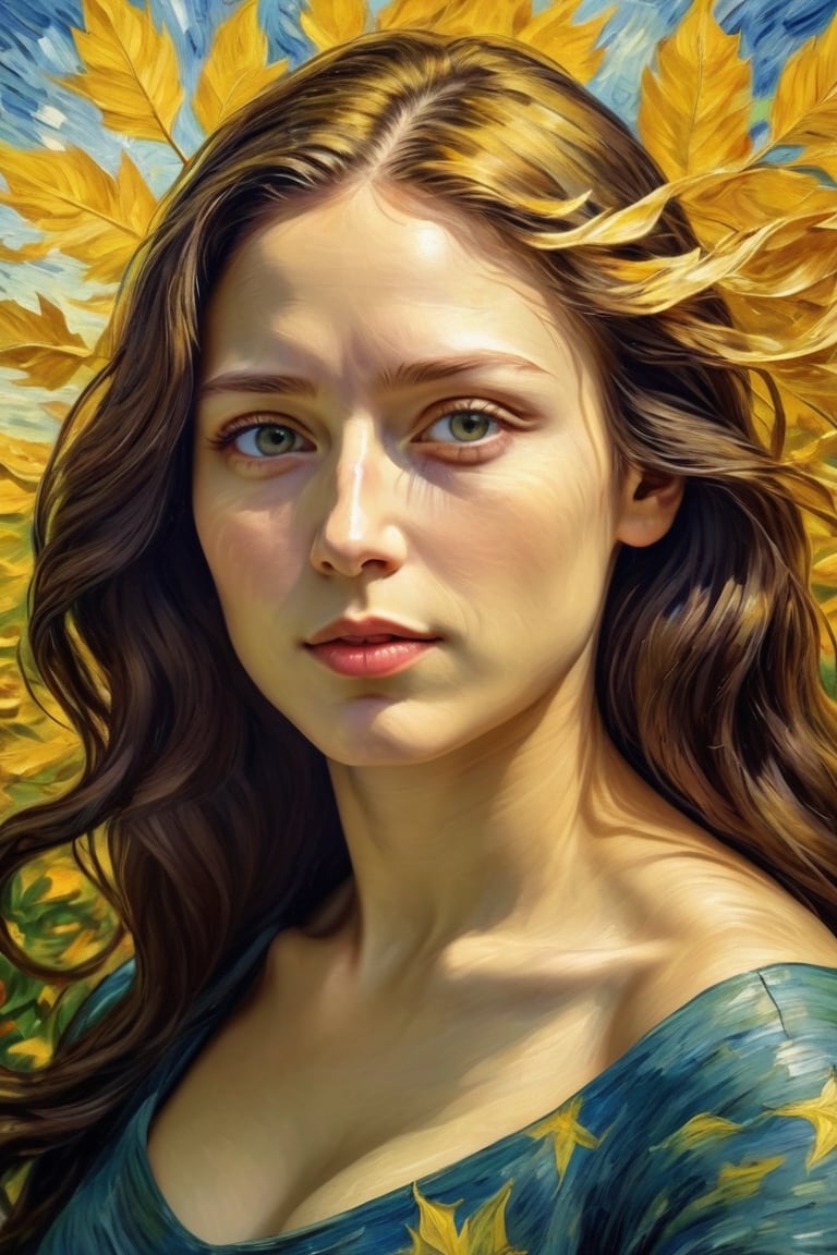 By Van Gogh, Sun, wind, sunny day, oil paint painting, highly detailed, sharpness, dynamic lighting, super detailing, van gogh starry nights background, painterley effect,Oil painting of Mona Lisa ,Leaf,art by sargent