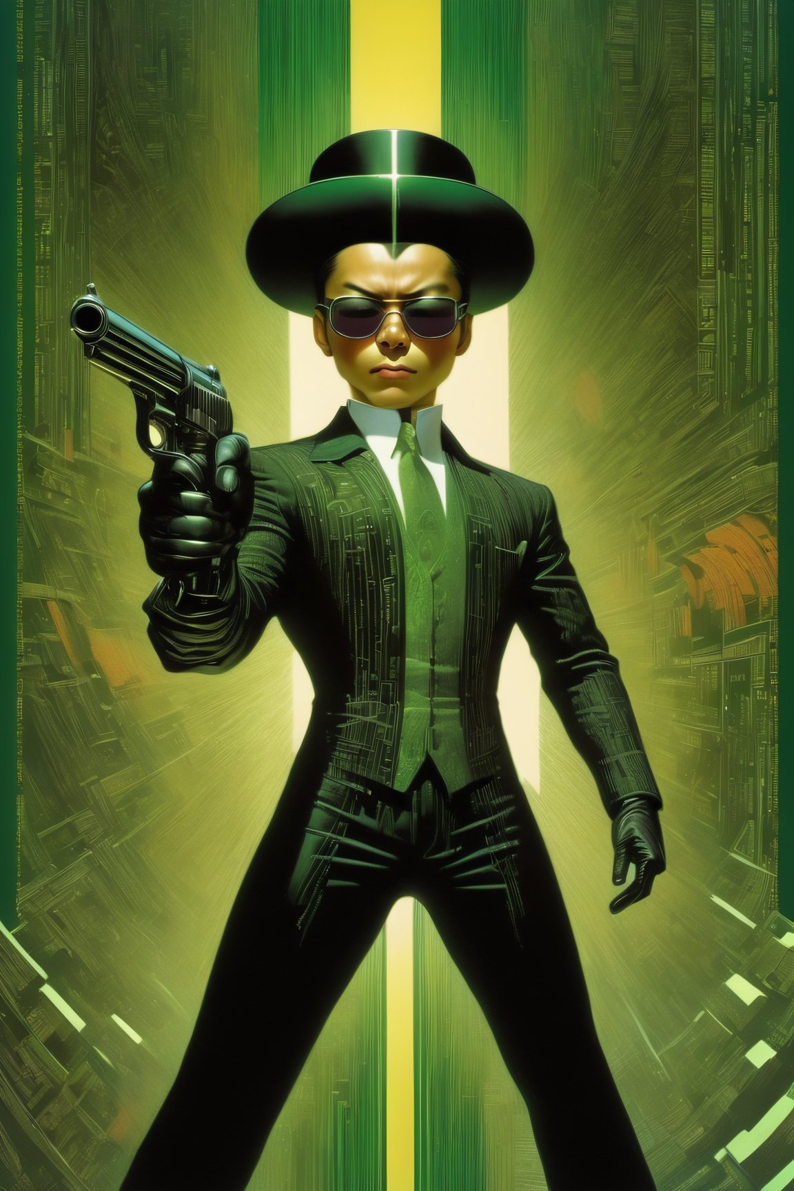 art by Masamune Shirow, art by J.C. Leyendecker, art by boris vallejo, a masterpiece, stunning beauty, hyper-realistic oil painting, vibrant colors, a Xi Jinping type character, wearing round sunglasses, dark chiarascuro lighting, aiming a Luger pistol at the viewer, fighting bad guys, being chased, a telephoto shot, 1000mm lens, f2,8,vertical lines of green matrix code