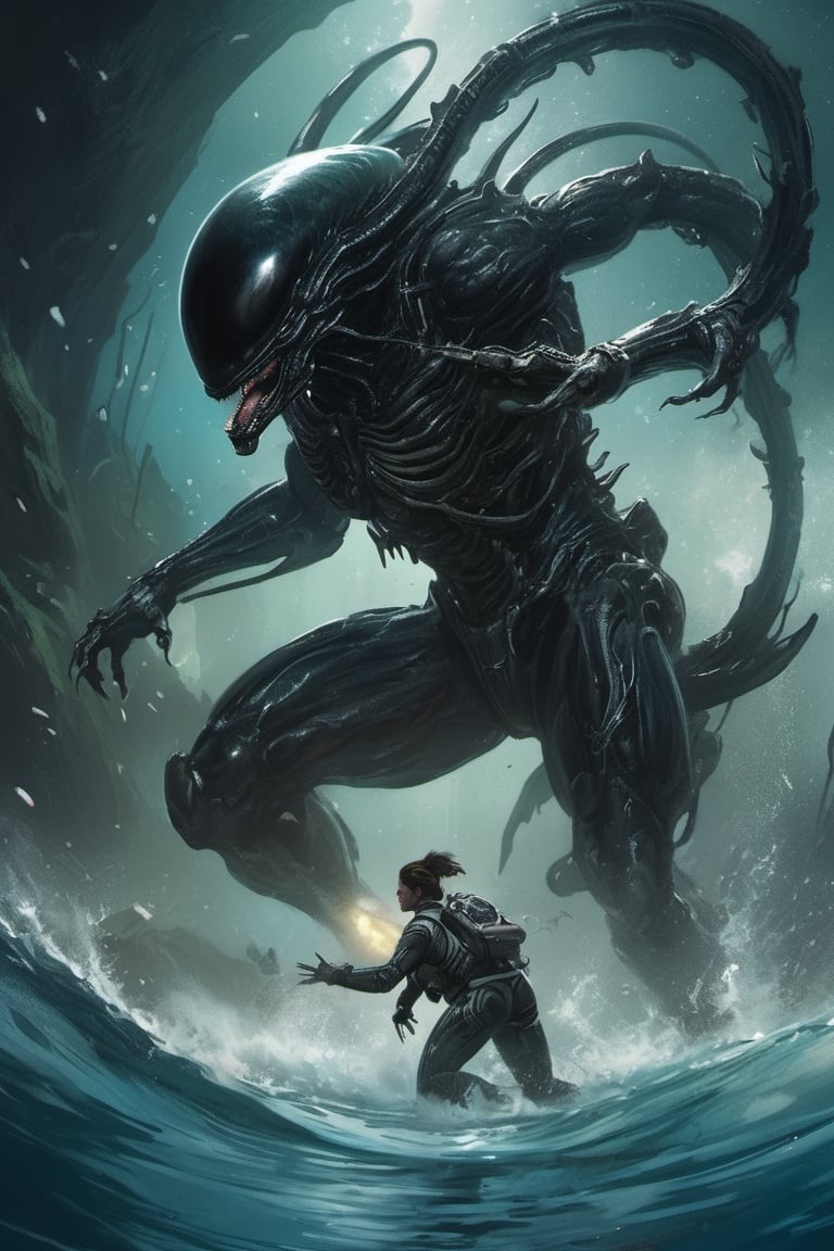 an alien xenomorph launches itself at a nearby victim, black shiny carapace, drool, motion blur, underwater scene 