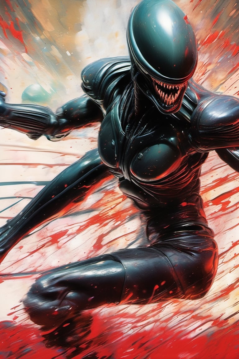 art by glen keane, painting, acrylic block, vibrant colors, a xenomorph, dark chiarascuro lighting, dripping blood and sweat, messed up, battling human troopers,action shot
